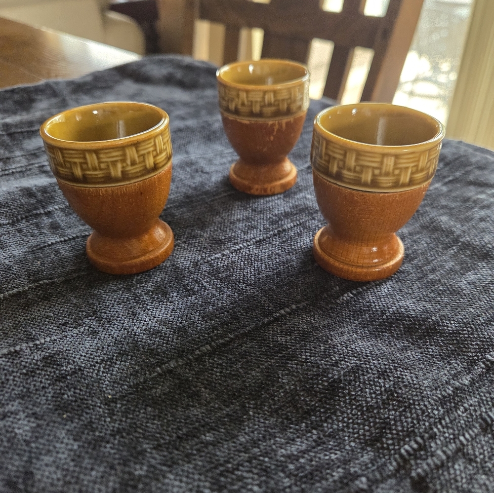 Mid Century Egg Cups Teak Wood And Ceramic In A  Basket Weave Pattern Set Of 3